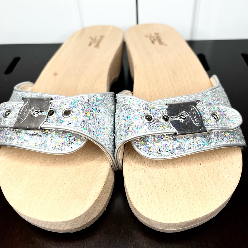 J Crew & Dr Scholls Silver Sandals with Glittery Straps and Flat Sole Clog - Picture 6 of 11
